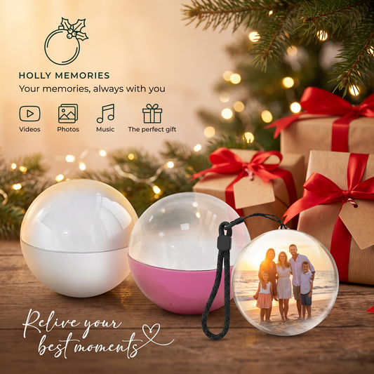 Holly Memories video ornament: three glass orbs on a wooden table with Christmas gifts, one glowing with a family photo
