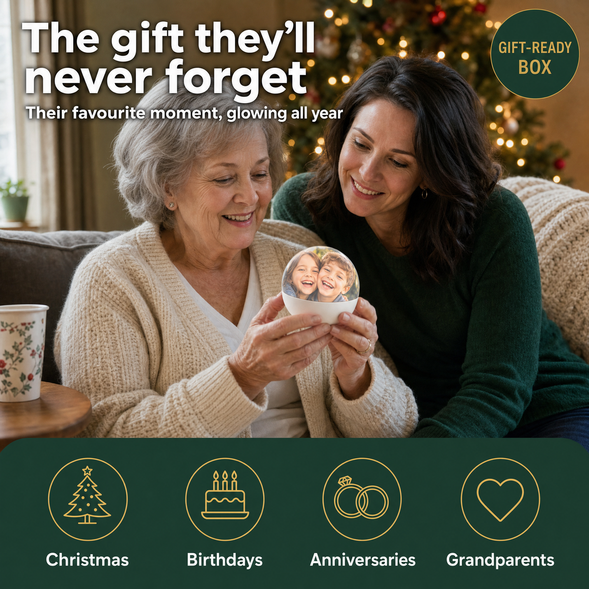 The gift they'll never forget: grandmother and daughter with the Holly Memories orb; Christmas, birthdays, anniversaries, grandparents