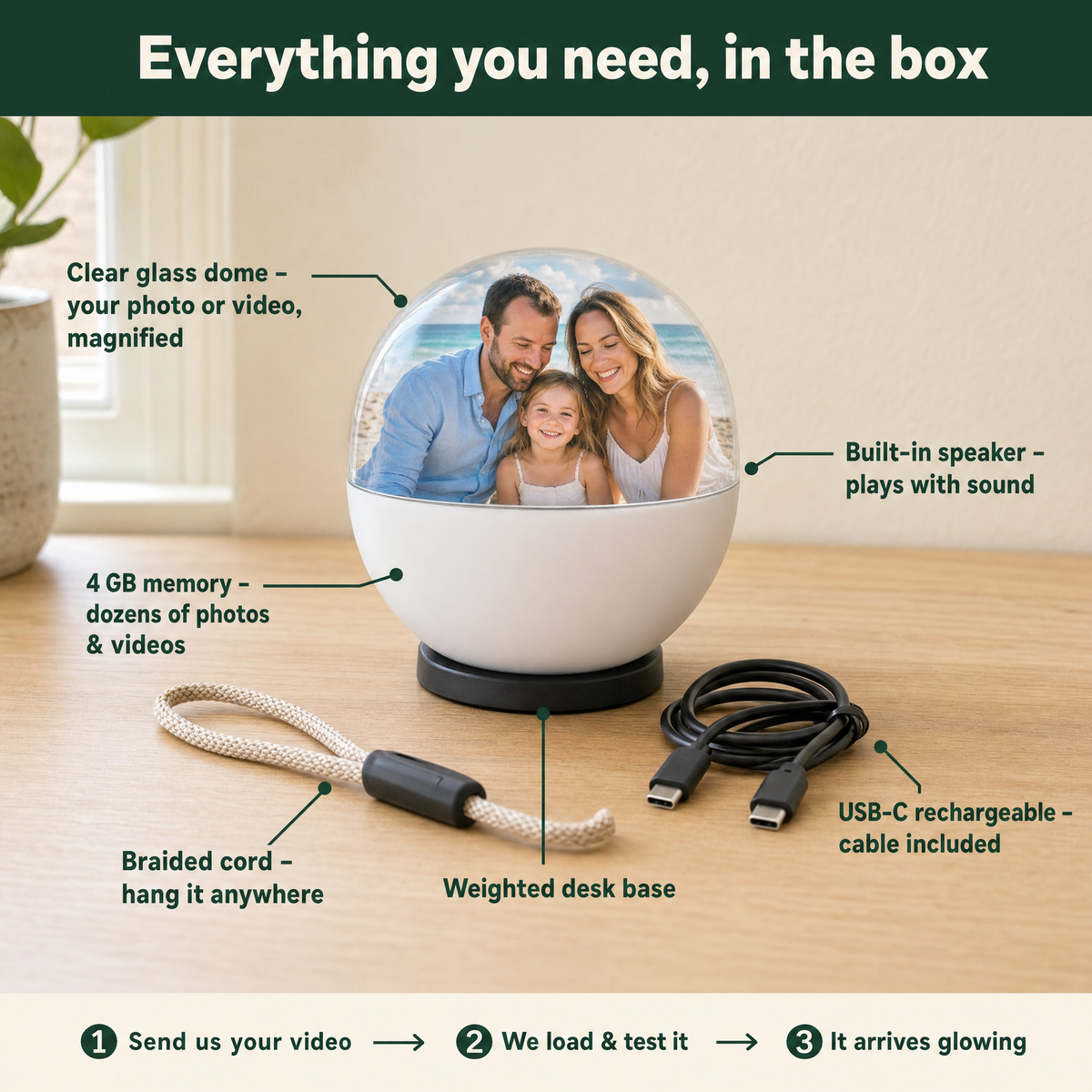 Everything you need, in the box: glass dome, built-in speaker, 4 GB memory, weighted desk base, braided cord, USB-C cable